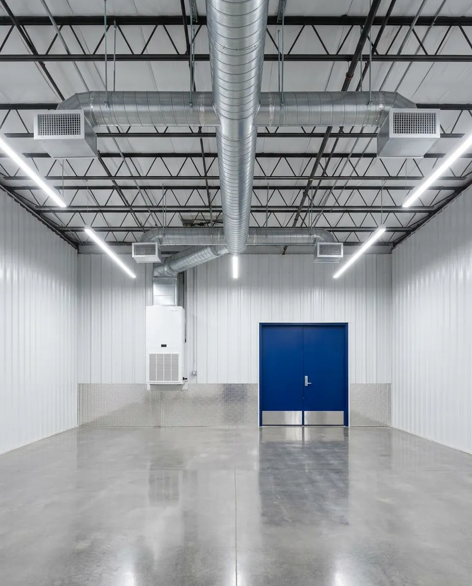HVAC ductwork, ceiling diffusers, and a wall-mounted air handler inside a clean WareSpace unit