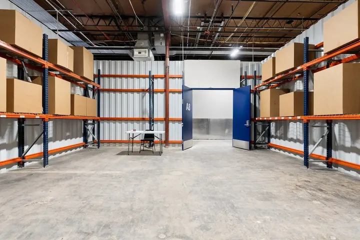 Real WareSpace private unit with organized industrial racking for bulky inventory